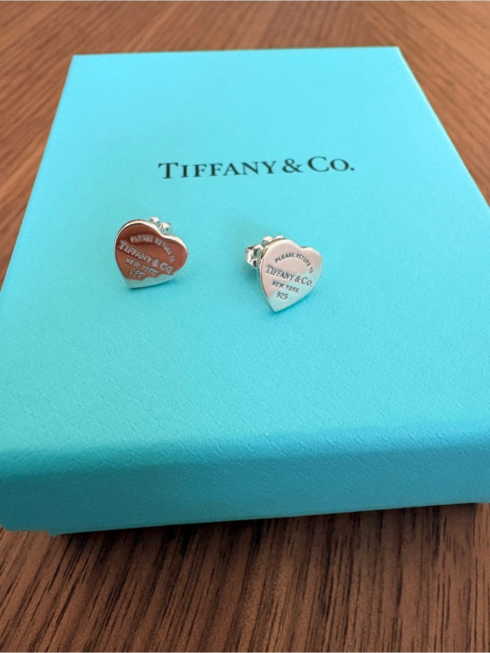 Tiffany & Co. Silver Heart Stud Earrings on Tiffany Blue Box